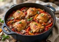 Classic chicken cacciatore with bone-in chicken thighs braised in rustic tomato sauce with peppers and mushrooms