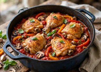 Classic chicken cacciatore with bone-in chicken thighs braised in rustic tomato sauce with peppers and mushrooms
