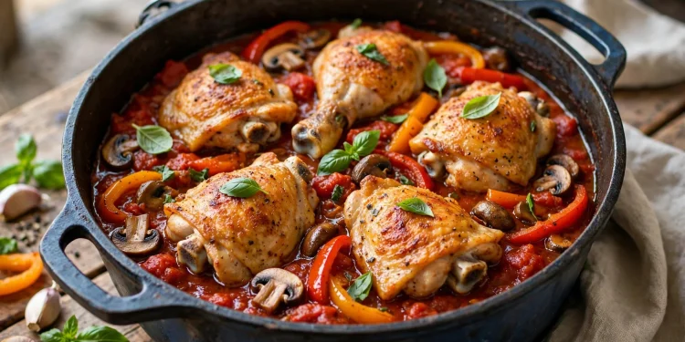 Classic chicken cacciatore with bone-in chicken thighs braised in rustic tomato sauce with peppers and mushrooms