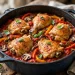 Classic chicken cacciatore with bone-in chicken thighs braised in rustic tomato sauce with peppers and mushrooms