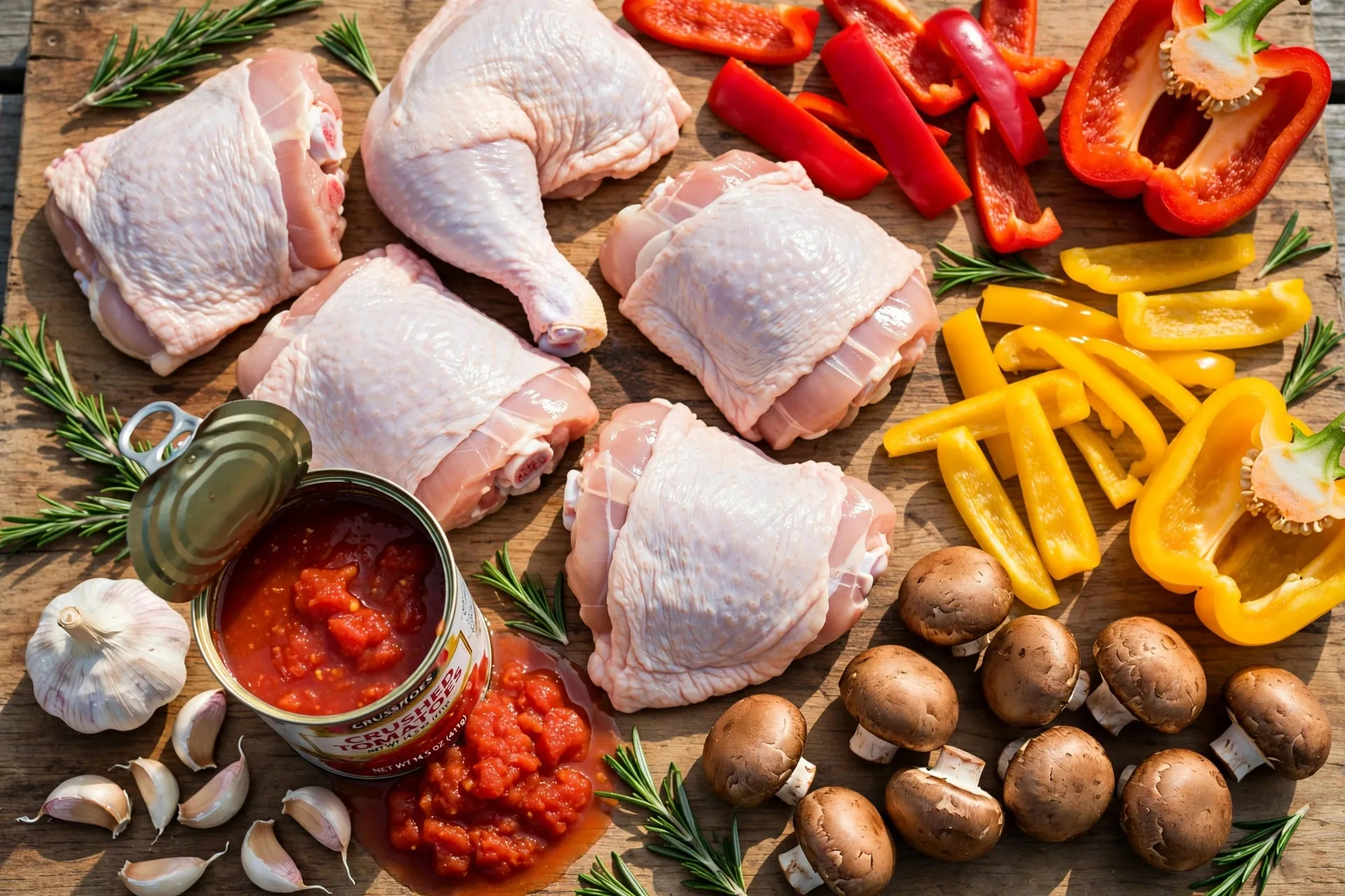 Raw chicken thighs, bell peppers, mushrooms, canned tomatoes, and herbs for chicken cacciatore