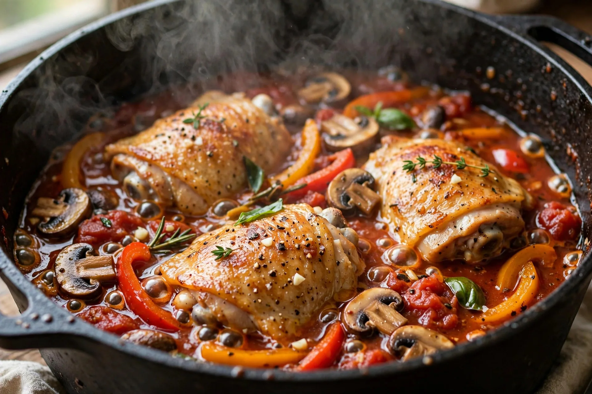 Chicken thighs simmering in bubbling tomato-pepper sauce in a Dutch oven