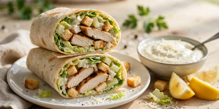 Chicken Caesar wraps cut in half showing grilled chicken, romaine lettuce and creamy Caesar dressing inside soft tortillas