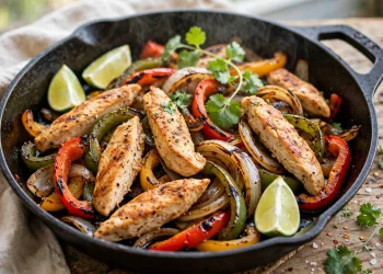 Sizzling chicken fajitas with peppers and onions in a cast-iron skillet