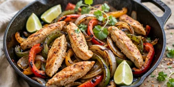 Sizzling chicken fajitas with peppers and onions in a cast-iron skillet