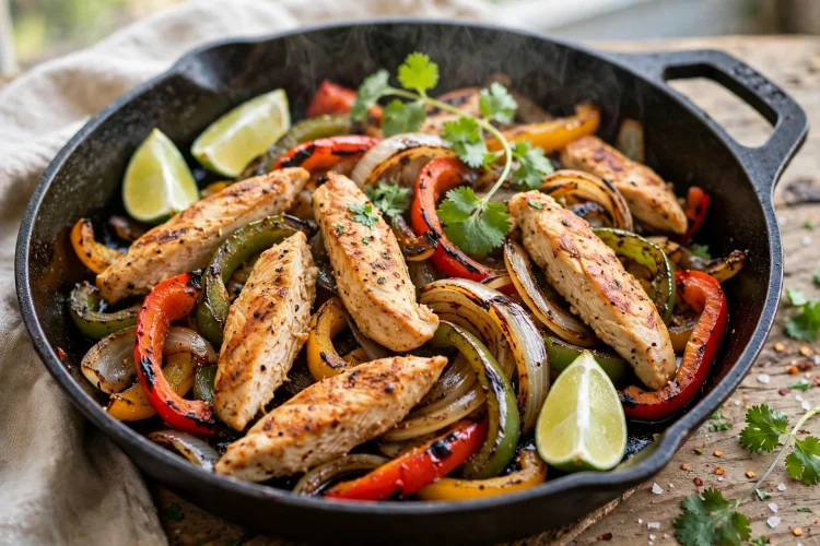 Sizzling chicken fajitas with peppers and onions in a cast-iron skillet