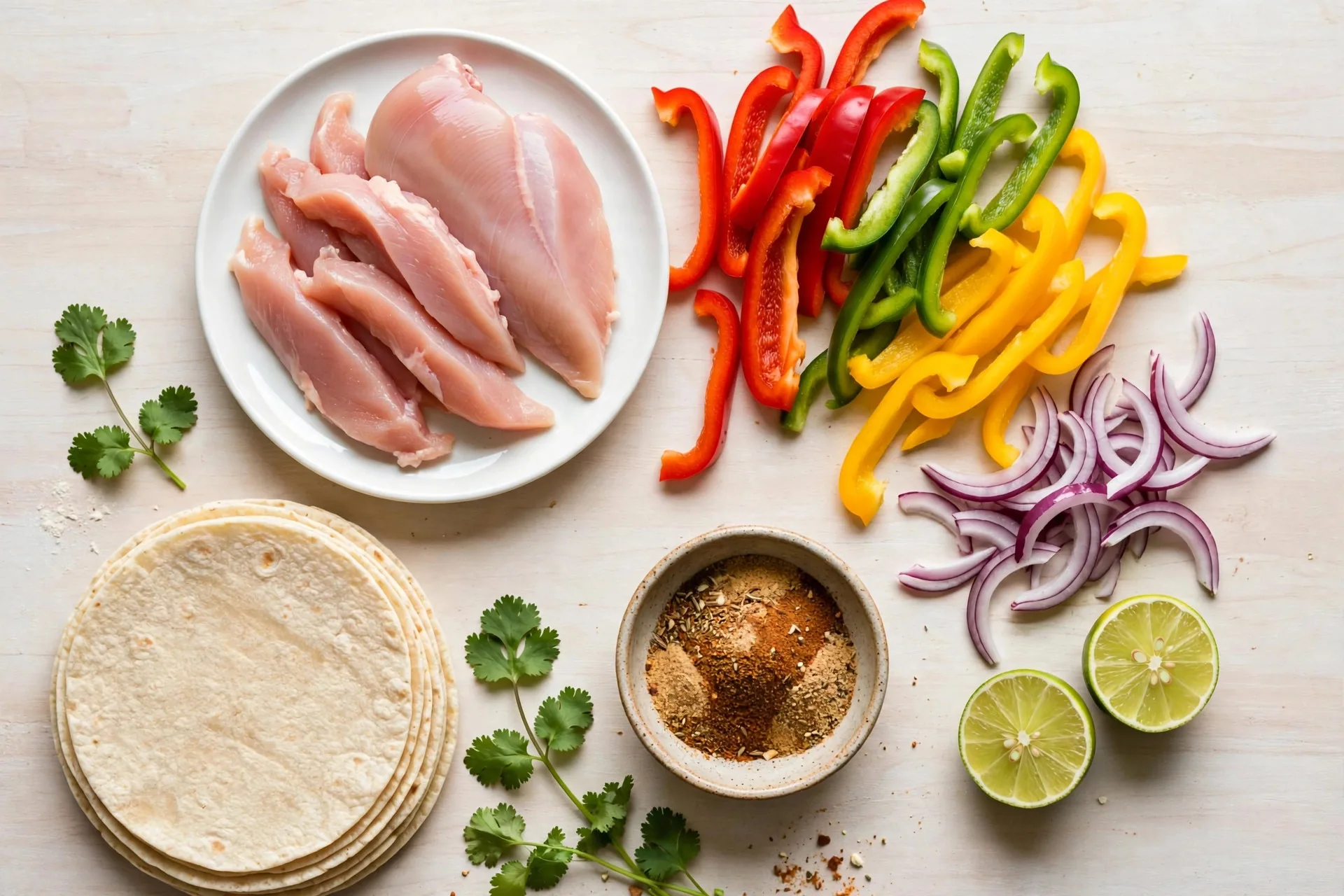 Raw chicken strips, sliced bell peppers, onion, lime and fajita spices