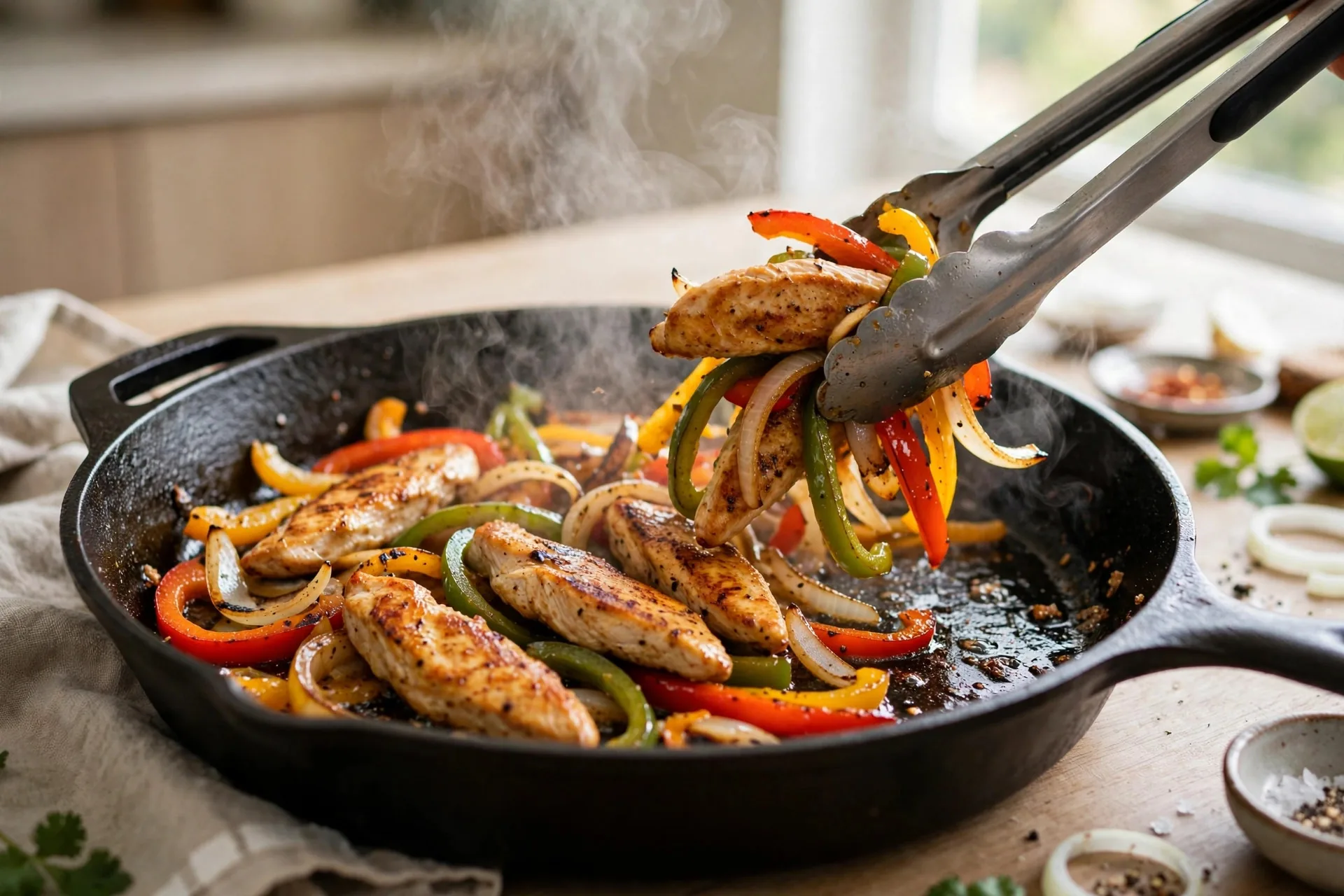 Chicken strips and bell peppers sizzling in a hot cast-iron skillet