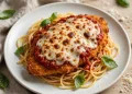 Crispy chicken parmesan topped with melted mozzarella and marinara sauce