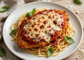 Crispy chicken parmesan topped with melted mozzarella and marinara sauce
