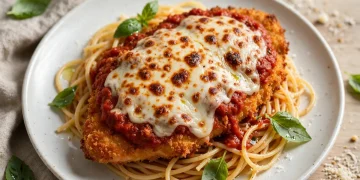 Crispy chicken parmesan topped with melted mozzarella and marinara sauce