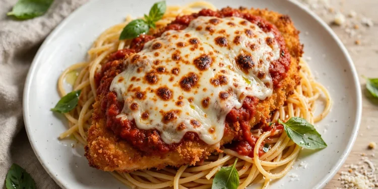 Crispy chicken parmesan topped with melted mozzarella and marinara sauce