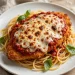 Crispy chicken parmesan topped with melted mozzarella and marinara sauce