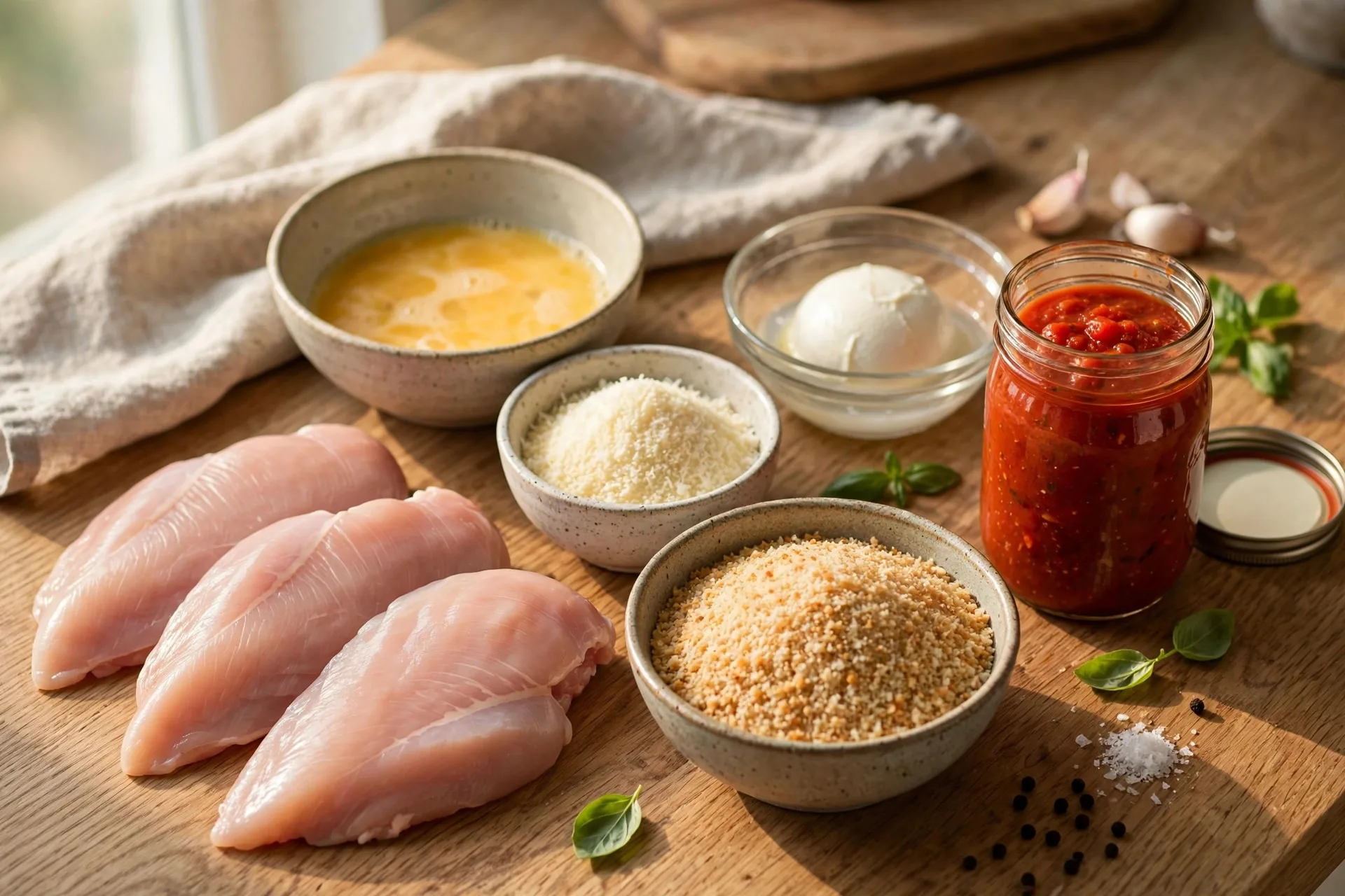 Ingredients for chicken parmesan: chicken cutlets, breadcrumbs, parmesan, mozzarella, marinara sauce and eggs