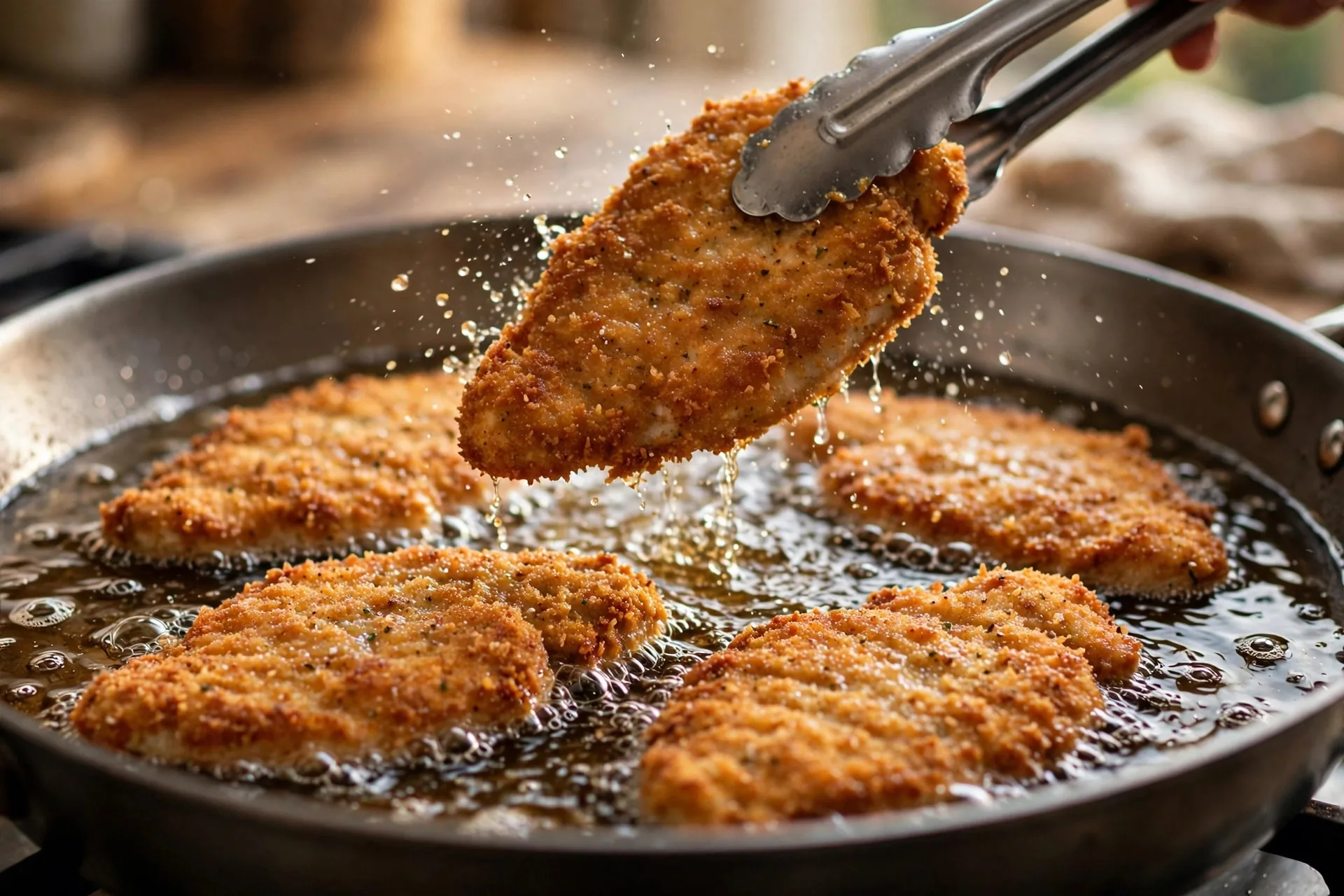 Breaded chicken cutlets frying to golden in a skillet