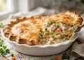 Creamy chicken pot pie with golden flaky crust in a white pie dish
