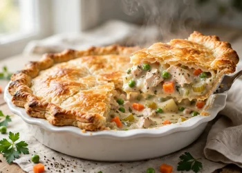 Creamy chicken pot pie with golden flaky crust in a white pie dish