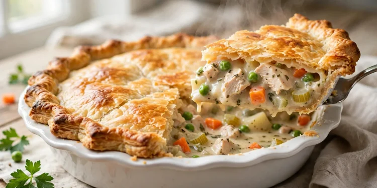 Creamy chicken pot pie with golden flaky crust in a white pie dish