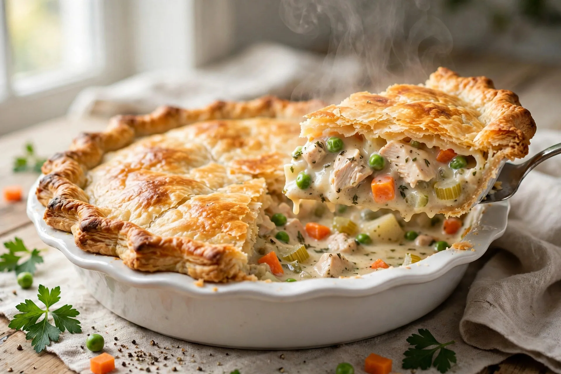 Creamy chicken pot pie with golden flaky crust in a white pie dish