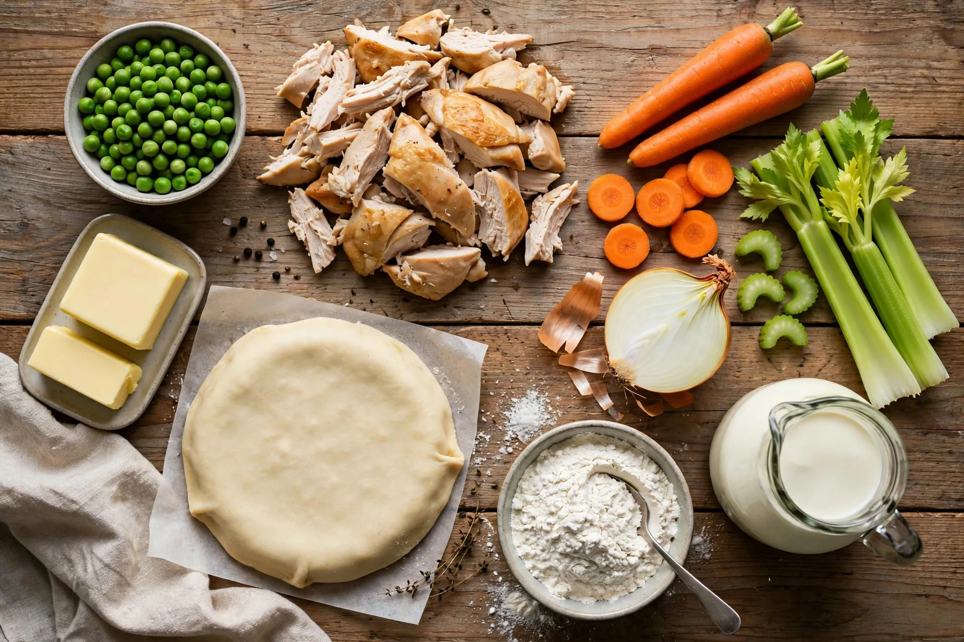 Raw chicken pot pie ingredients laid out on a wooden table