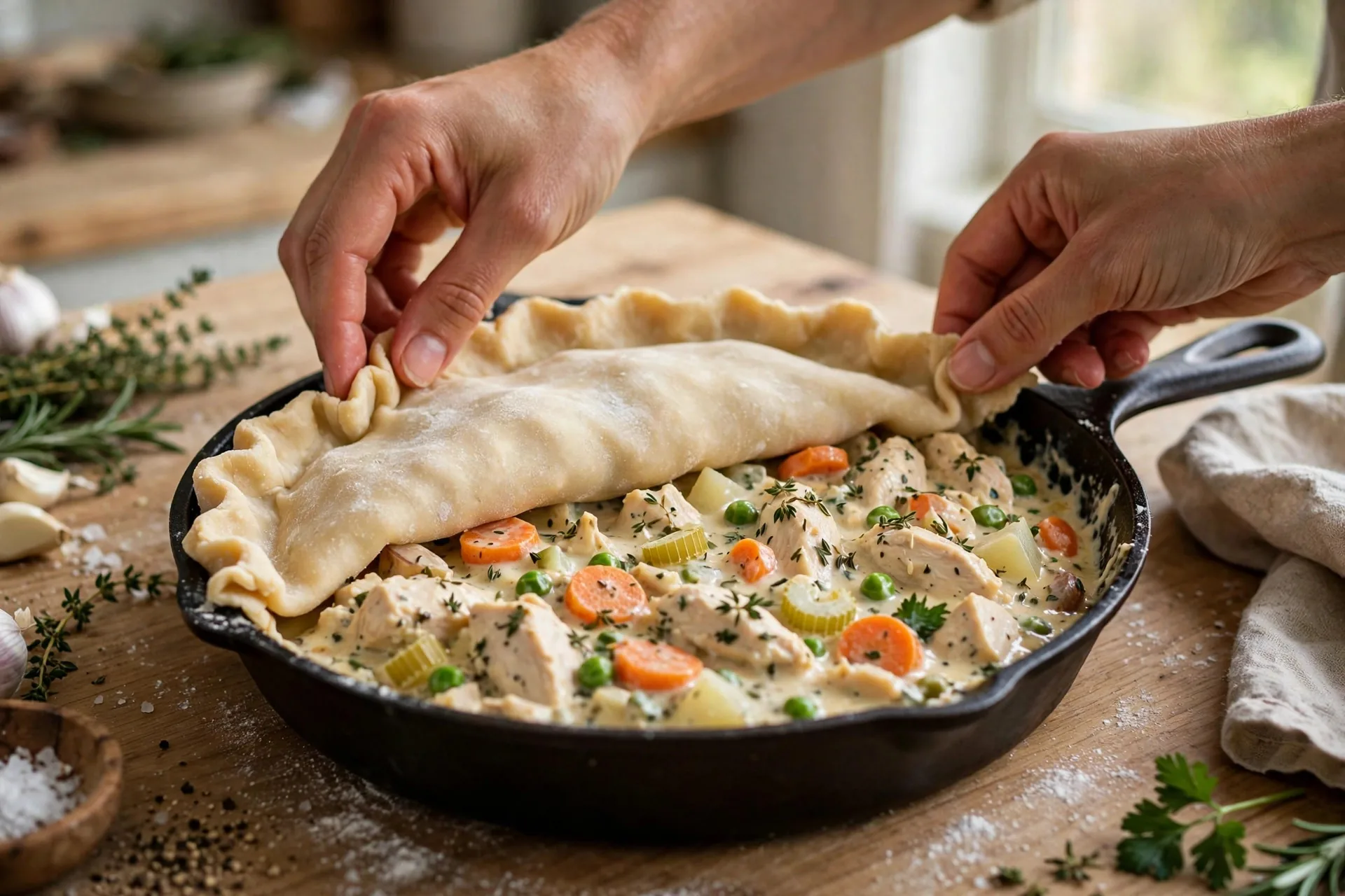 Placing a rolled pie crust over a skillet of creamy chicken filling