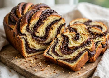 Sliced chocolate babka with dramatic dark fudgy ribbons marbled through golden crumb on a wooden board