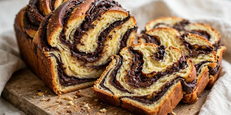 Sliced chocolate babka with dramatic dark fudgy ribbons marbled through golden crumb on a wooden board