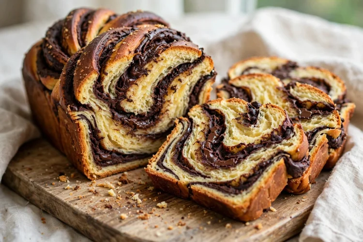 Sliced chocolate babka with dramatic dark fudgy ribbons marbled through golden crumb on a wooden board