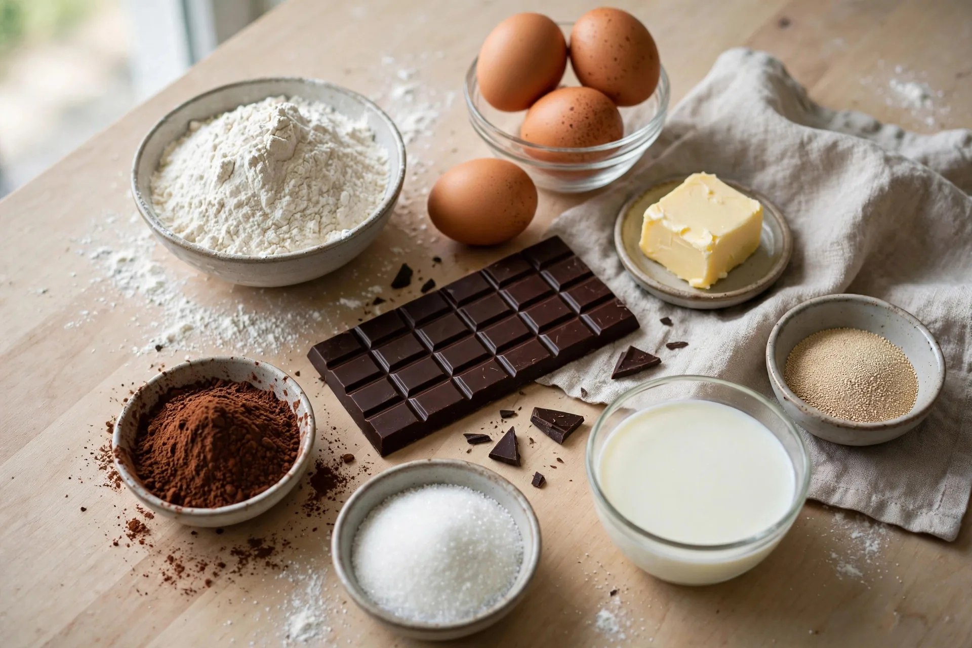 Flour, eggs, butter, dark chocolate bar, cocoa powder, sugar, milk, and yeast arranged on a kitchen counter