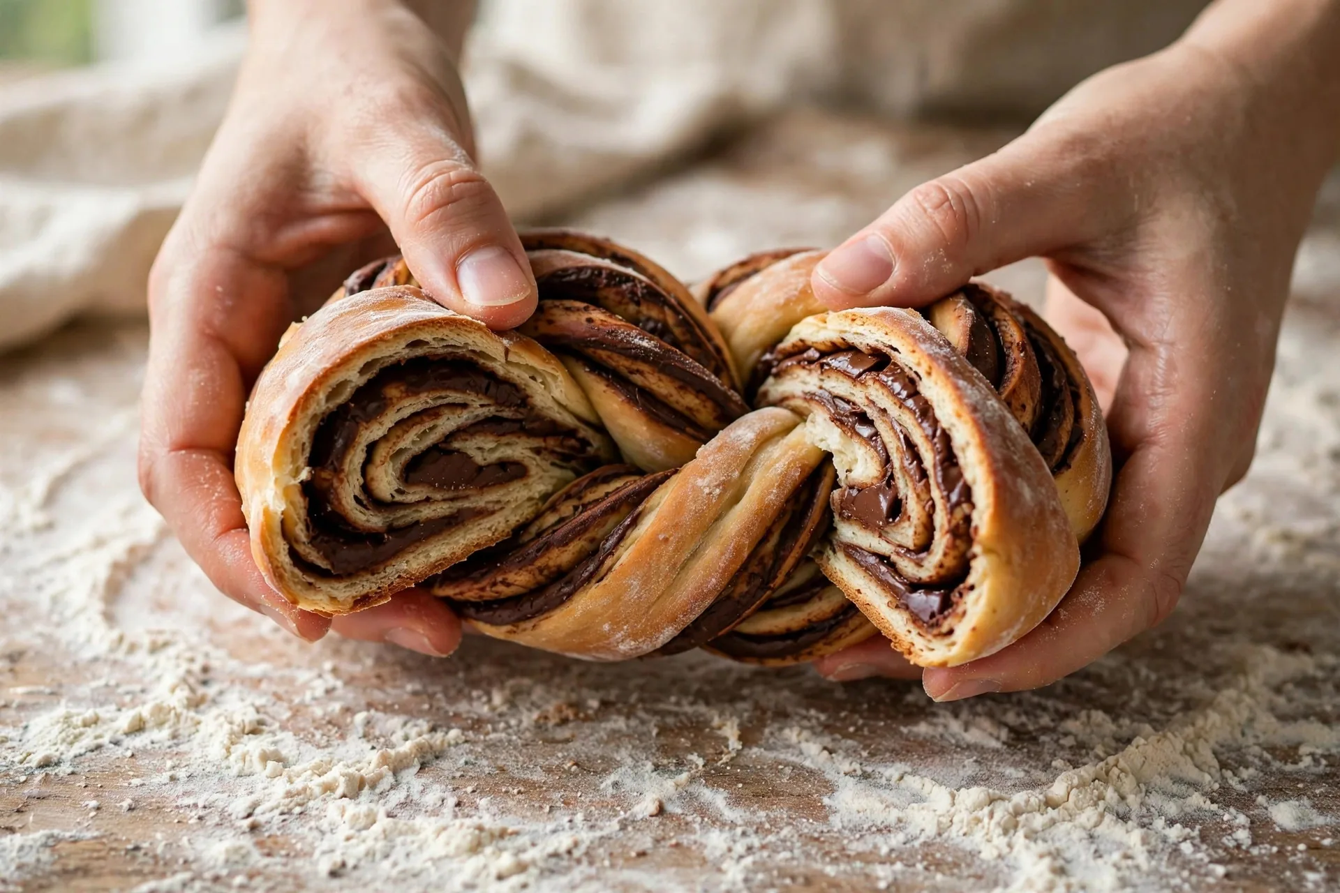 Hands twisting two sliced halves of chocolate-filled babka dough together, cut sides up, on a floured surface