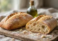 Two crusty ciabatta loaves with golden crackled crust, one sliced showing open airy crumb