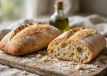 Two crusty ciabatta loaves with golden crackled crust, one sliced showing open airy crumb