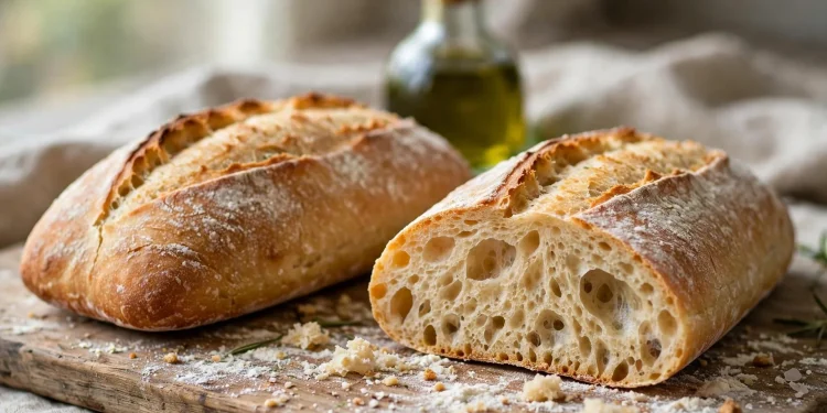 Two crusty ciabatta loaves with golden crackled crust, one sliced showing open airy crumb