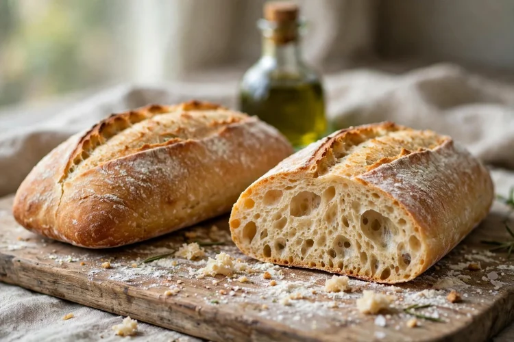 Two crusty ciabatta loaves with golden crackled crust, one sliced showing open airy crumb