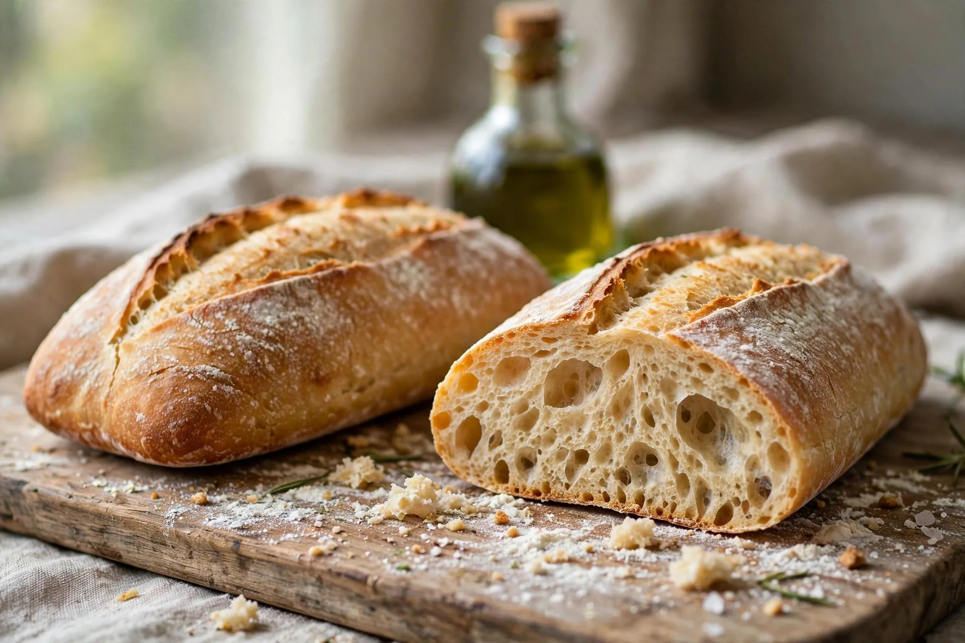 Two crusty ciabatta loaves with golden crackled crust, one sliced showing open airy crumb