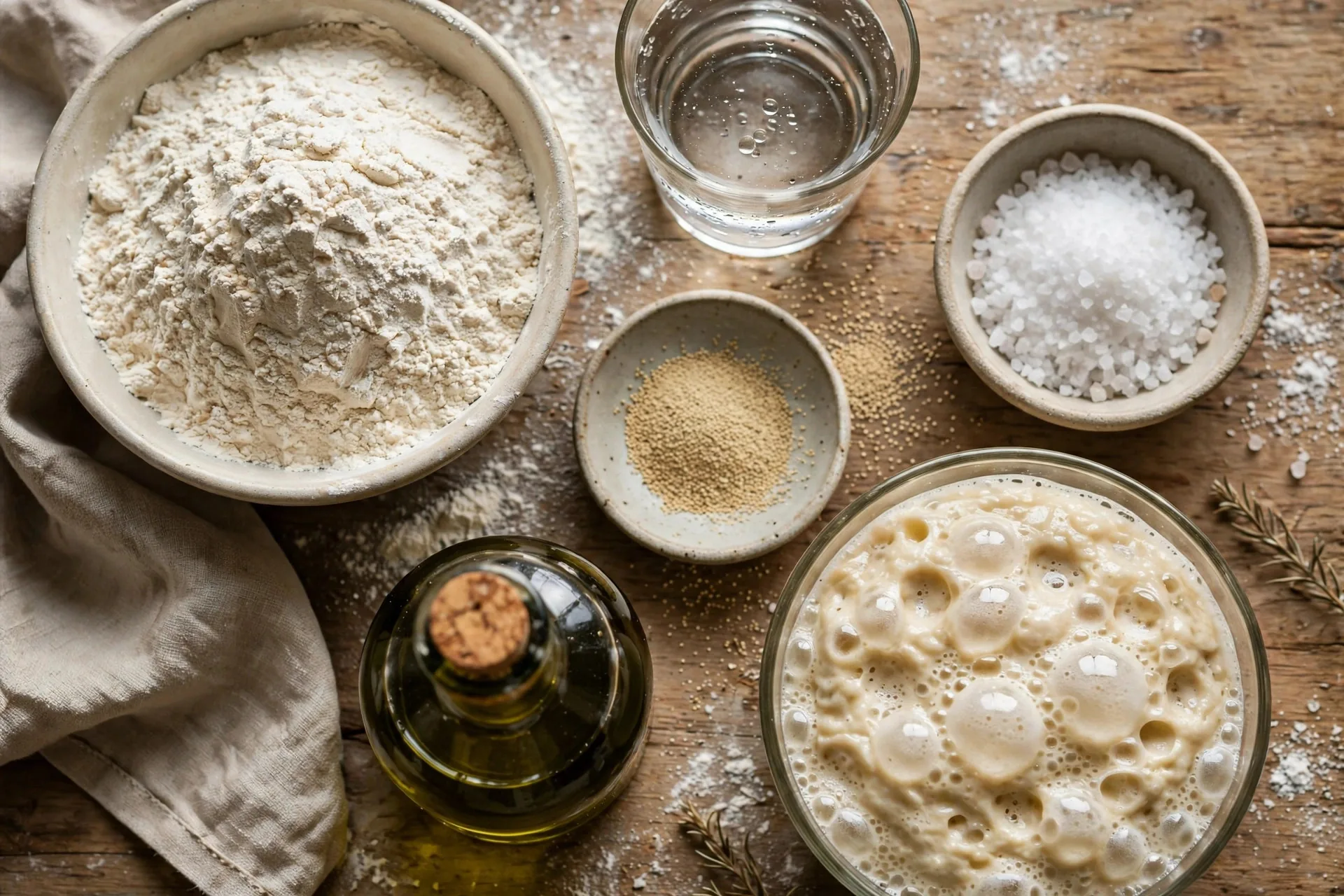 Bread flour, water, yeast, olive oil and a bowl of bubbly biga on a counter