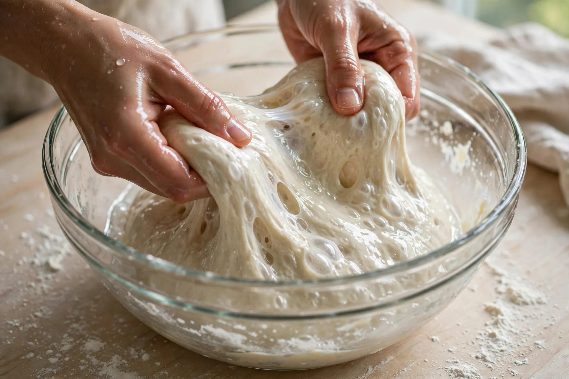 Wet hands performing a stretch-and-fold on glossy ciabatta dough in a bowl