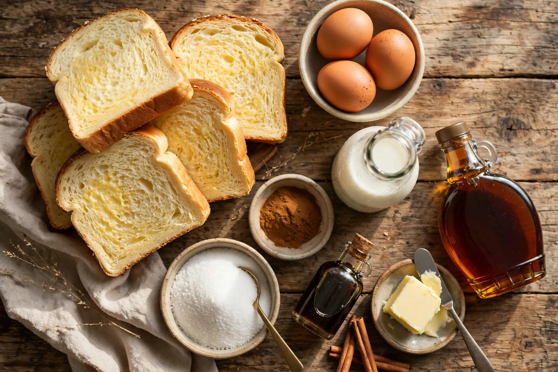 Flat lay of French toast stick ingredients on a rustic wooden table