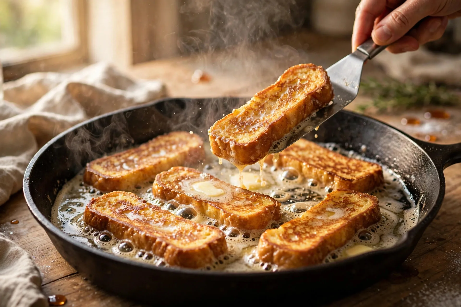 French toast sticks sizzling in a buttered cast iron skillet