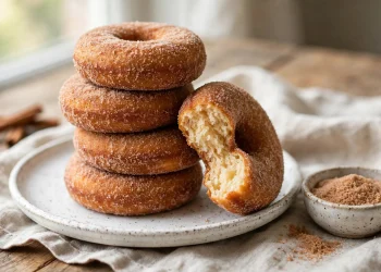 Baked cinnamon sugar donuts stacked on a plate, sparkling with cinnamon sugar coating
