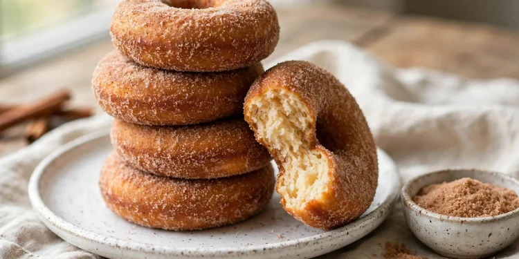 Baked cinnamon sugar donuts stacked on a plate, sparkling with cinnamon sugar coating