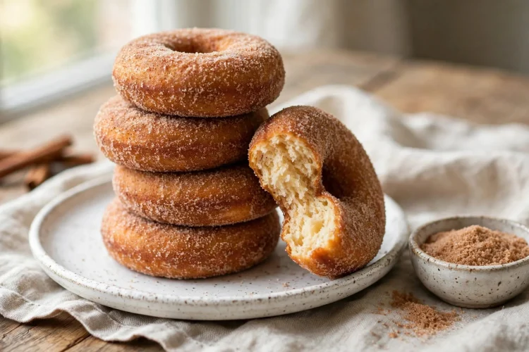 Baked cinnamon sugar donuts stacked on a plate, sparkling with cinnamon sugar coating