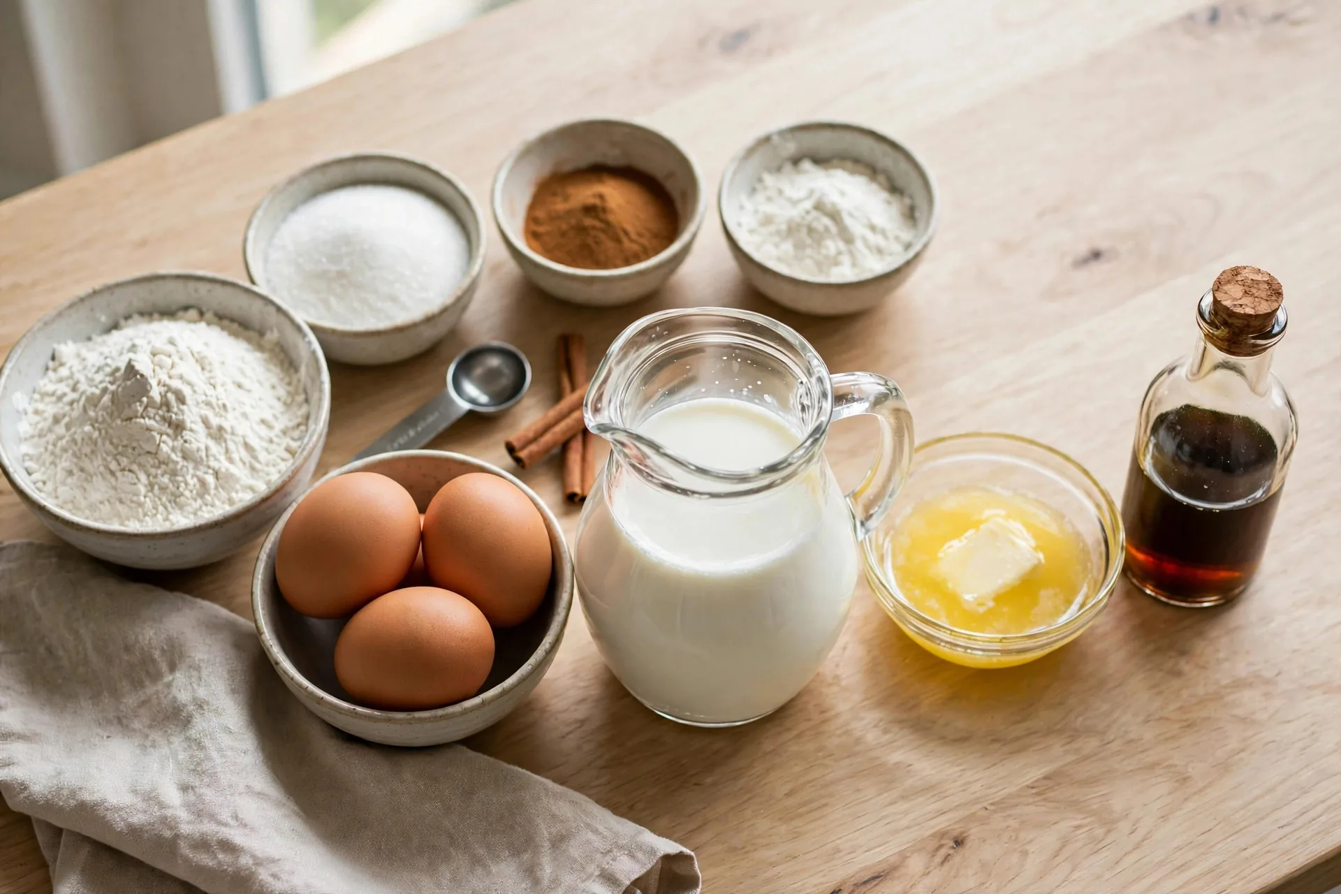Flour, sugar, cinnamon, eggs and milk in bowls ready to mix donut batter