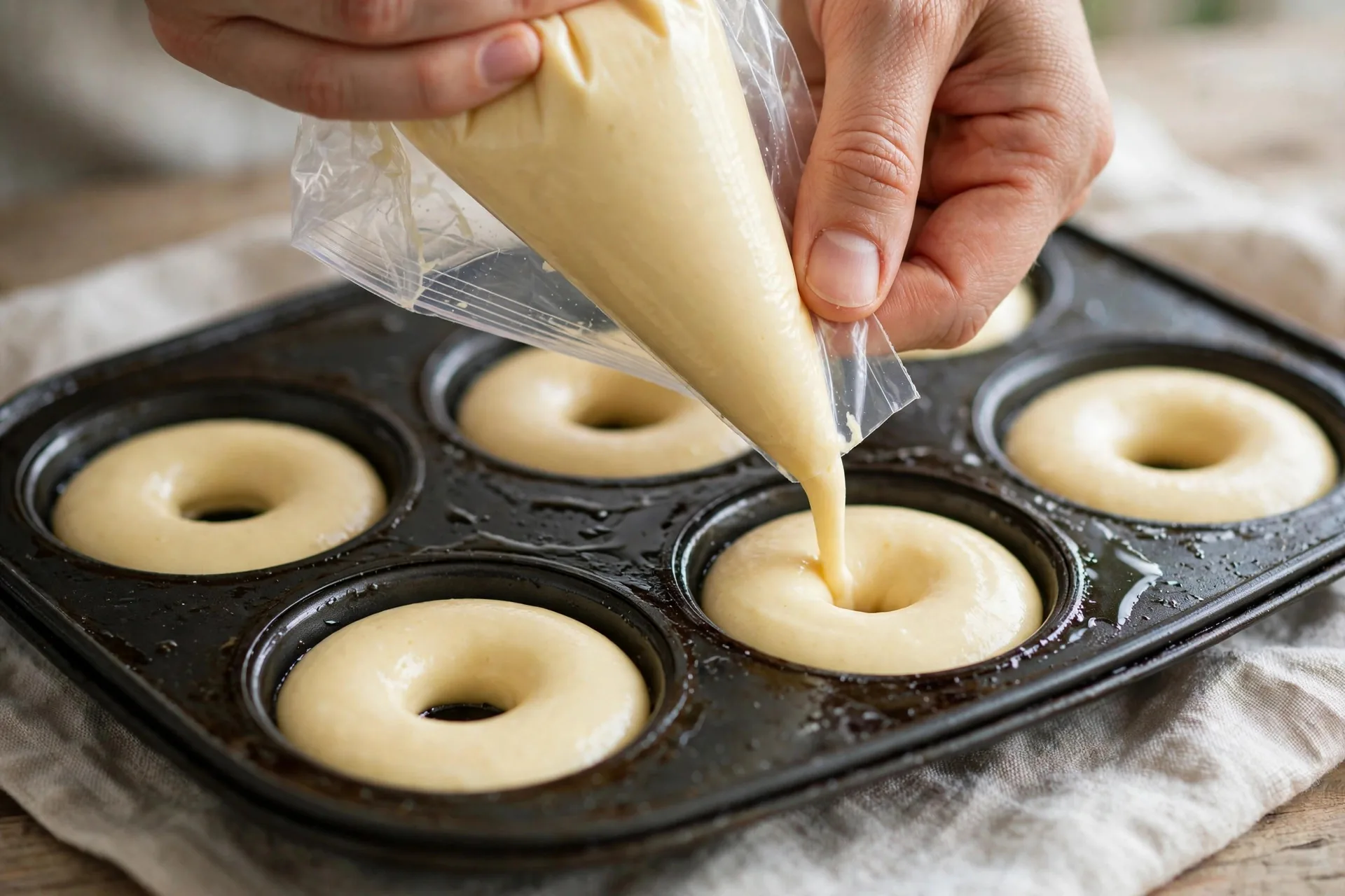 Piping donut batter into a greased donut pan from a zip-top bag