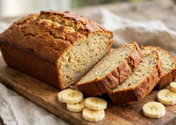 Golden-brown banana bread loaf with crackled top, sliced to show a moist tender crumb