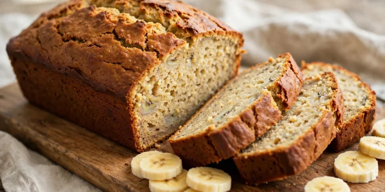 Golden-brown banana bread loaf with crackled top, sliced to show a moist tender crumb
