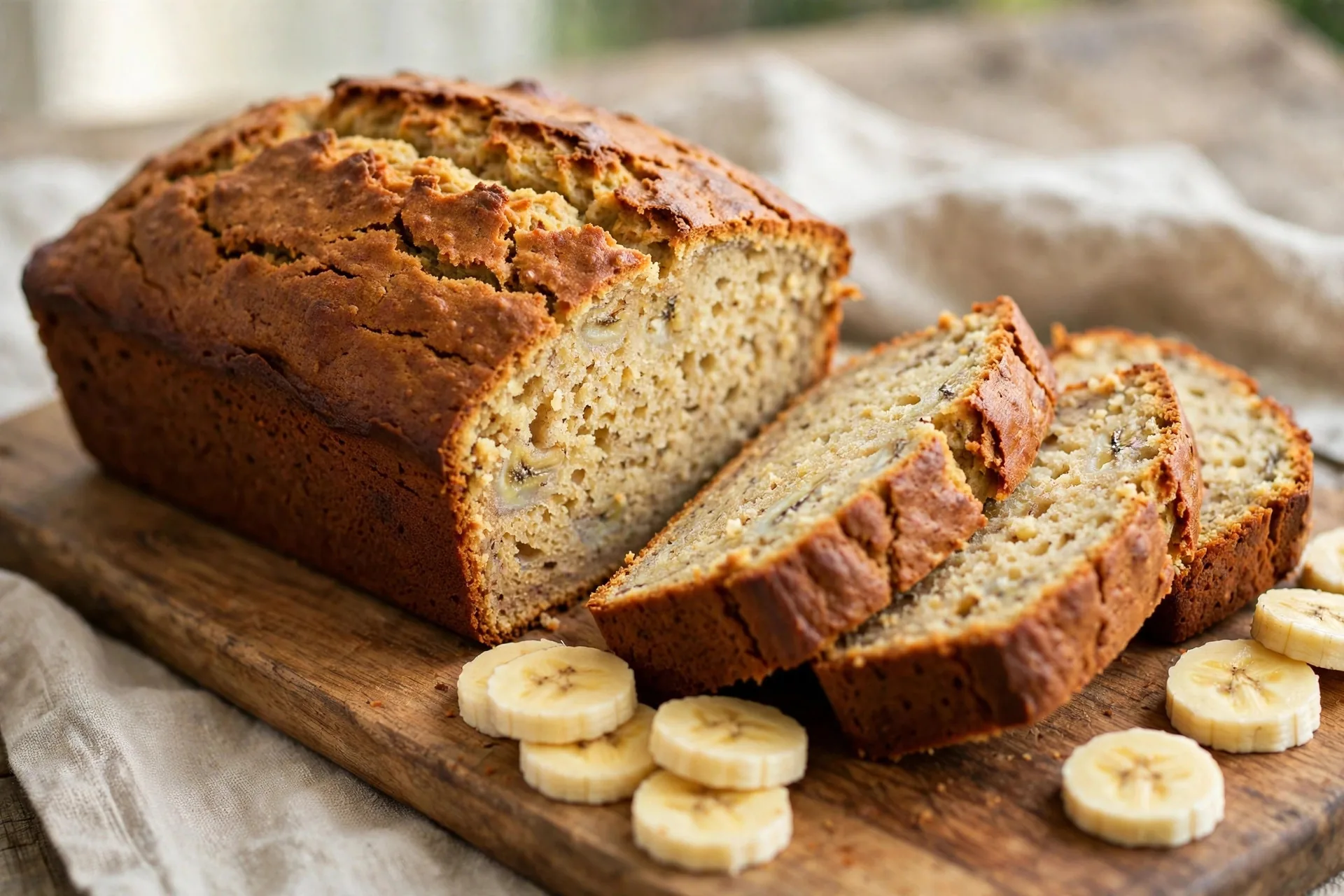 Sliced classic moist banana bread showing a tender crumb, on a wooden board