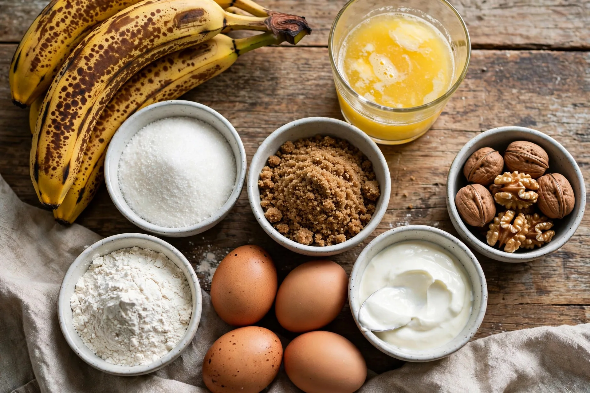 Very ripe brown-spotted bananas, melted butter, eggs, sugars, flour, sour cream, and walnuts on a table