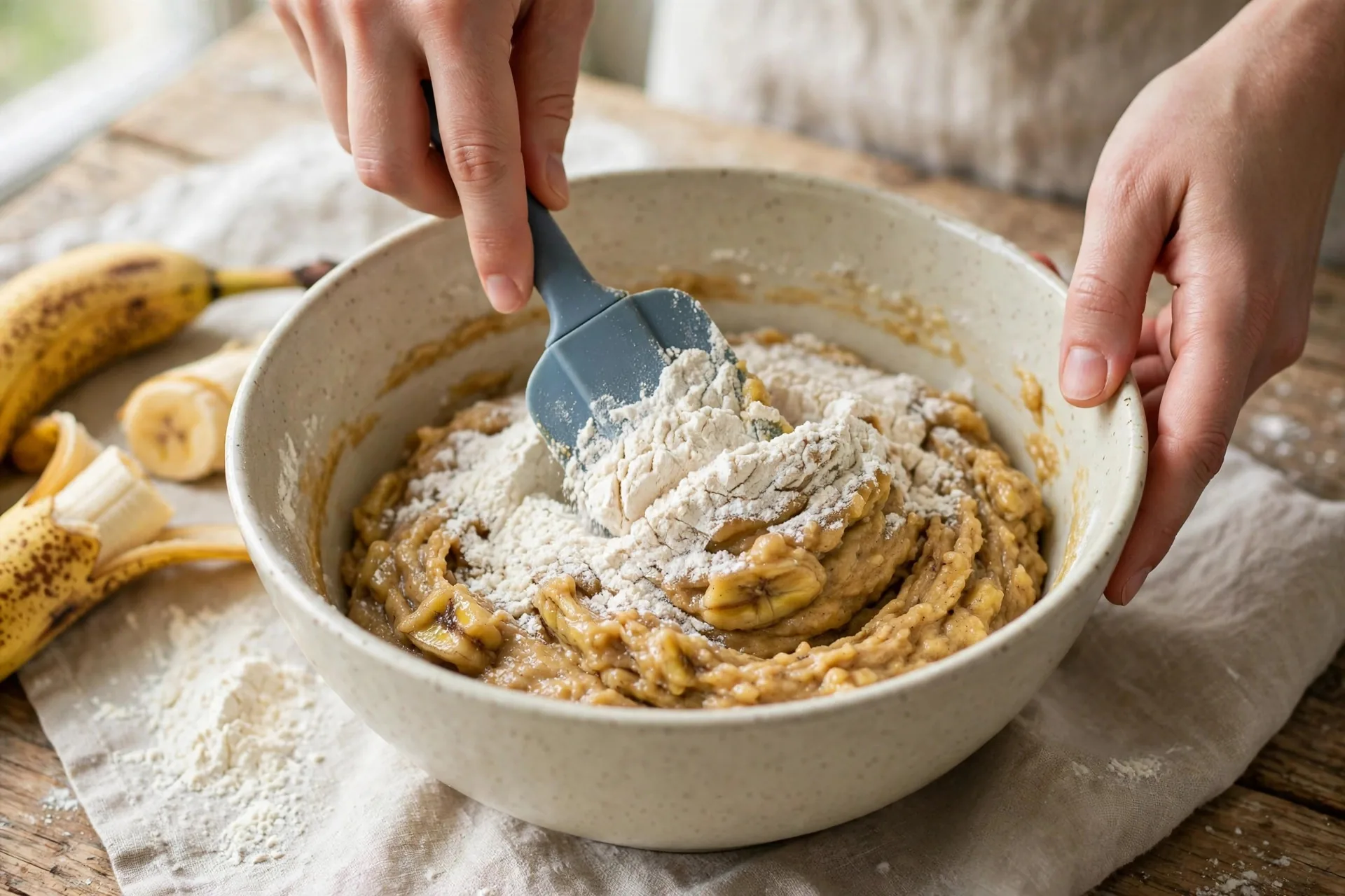 Hands gently folding dry flour into thick banana bread batter with a spatula in a mixing bowl