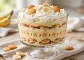 Classic banana pudding in a glass trifle dish with vanilla wafers and banana slices